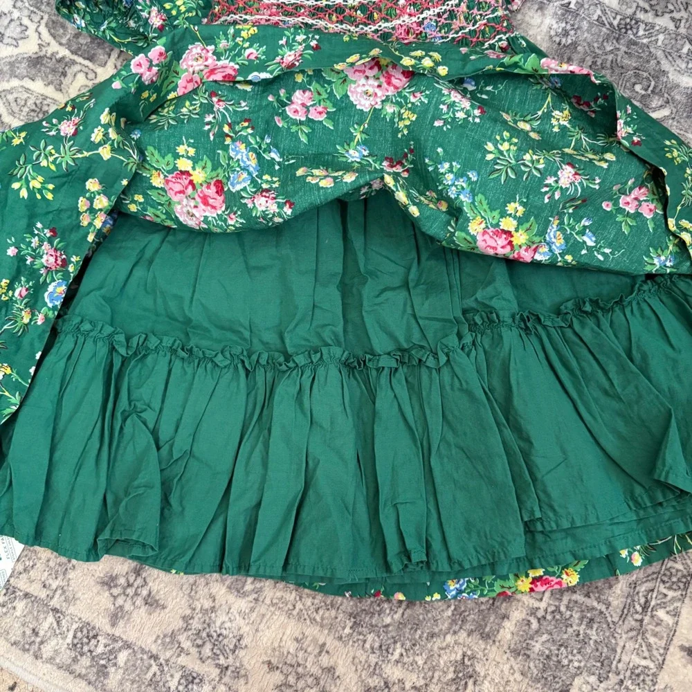 Mini Boden Green Floral Smocked Dress Puff Sleeve Cotton‎ Sz 4-5Y 110cm Heirloom